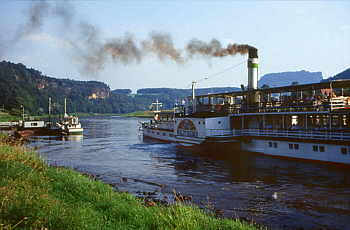 Schaufelraddampfer auf der Elbe beim Kurort Rathen