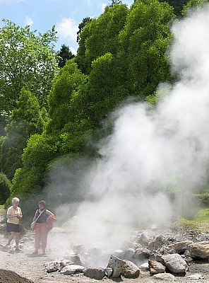 Dampfwolken am Ufer des Lagoa Furnas