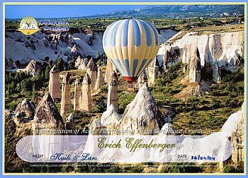 Zertifikat nach erfogreich bestandener Heissluftballonfahrt über der bizarren Tuffsteinlandschaft Kappadokiens