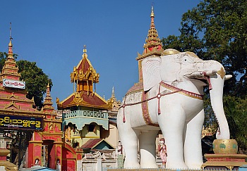 Gigantische Elefanten am Eingang zur Thanboddhay Pagode in Monywa