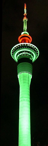 Neonlights of Auckland's Skytower at night