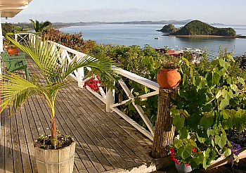 Blick von der Terrasse des Totaras B&B auf die Bay of Islands