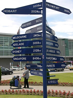 Worldwide distance signpost at Auckland Airport