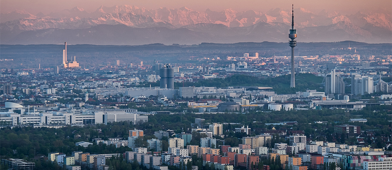 Alps red glow at Sunset Zeppelin flight over Munich