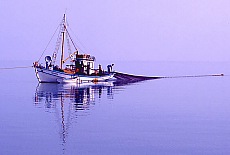 Fischerboot beim Auslegen der Netze